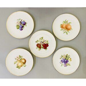 Vintage Hutschenreuther Selb Bavaria Set 5 Fruit Orchard Dessert Plates 8” Gold